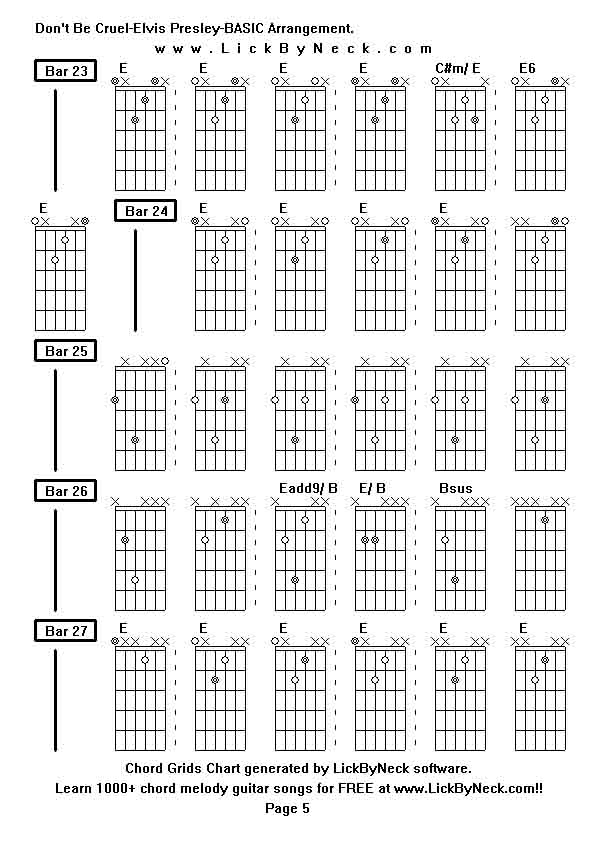 Chord Grids Chart of chord melody fingerstyle guitar song-Don't Be Cruel-Elvis Presley-BASIC Arrangement,generated by LickByNeck software.